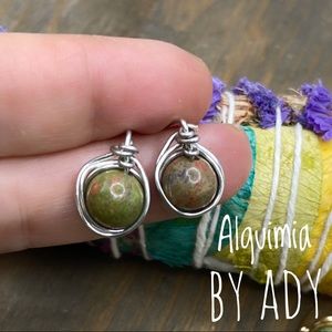 Dainty Green Unakite silver studs halo statement earrings/protection for Scorpio